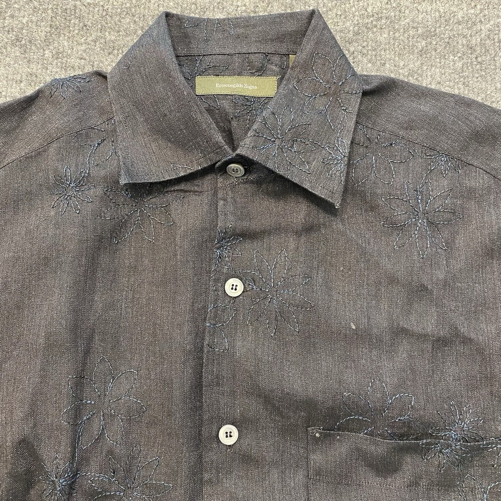 Ermenegildo Zegna Linen Short Sleeve Camp Shirt Mens Small Embroidered Flowers